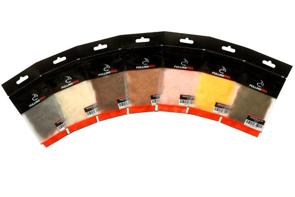 A range of Tactical Dry Fly Dubs in various colors aligned in a row.