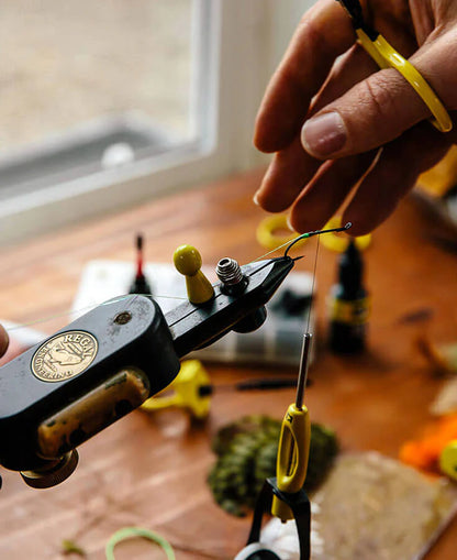 Loon Vise Pawn Holding Thread to fly tying vise from above