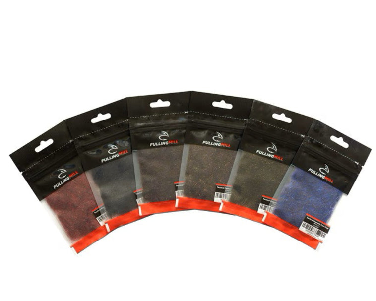 Multiple packs of Tactical Peacock Flash Dub in various colors for fly-tying, displayed in a fan-like arrangement.